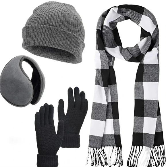 Scarf and Gloves Set - Knitted Winter Warmer Set, Winter Gloves Plaid Scarf Bean - Picture 1 of 6